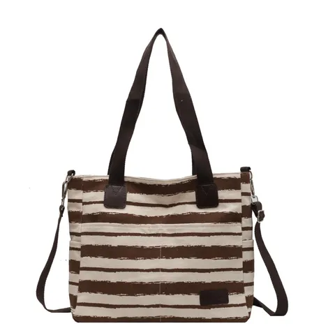 Damen Große Kapazität Segeltuch Tragetasche Casual Gestreifte Umhängetasche Retro Shopper Tasche Reise Handtasche