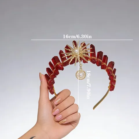 Cerchietto Tiara Gotico in Cristallo Naturale Grezzo per Donna Esagerato Dea del Sole Luna Fascia per Capelli in Lega Con Ciondolo di Perla Artificiale per Festa