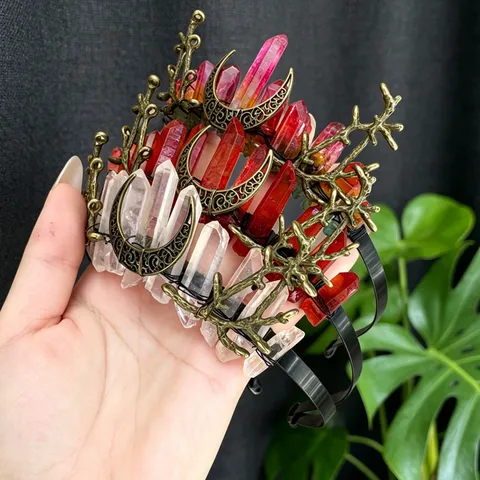 Natural Crystal Headband Gothic Moon Branch Crown Forest Fairy Tiara Retro Headpiece Women Photography Props Party Hair Accessory