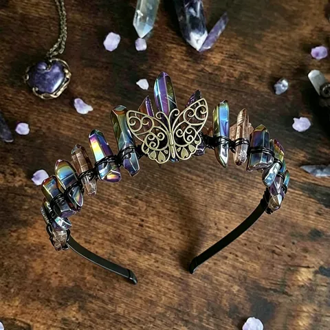 Natural Crystal Crown Headband Zinc Alloy Butterfly Moon Tiara Handmade Gothic Magic Witch Hair Band For Festival Party Photo Props Women Jewelry