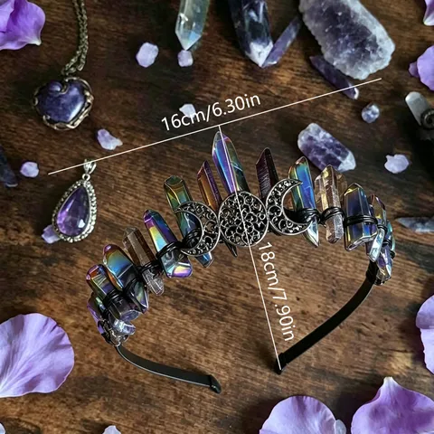 Natural Crystal Crown Headband Zinc Alloy Butterfly Moon Tiara Handmade Gothic Magic Witch Hair Band For Festival Party Photo Props Women Jewelry