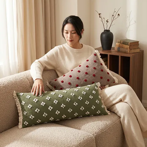 Vintage Tassel Embroidered Polka Dot Geometric Long Lumbar Pillow Cover Decorative Sofa Bed Headboard Polyester