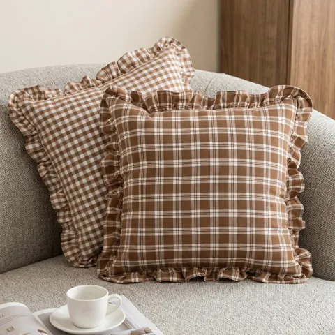 French Vintage Ruffle Throw Pillow Cover Washed Cotton Checkered Cushion Case For Living Room Sofa Home Decor