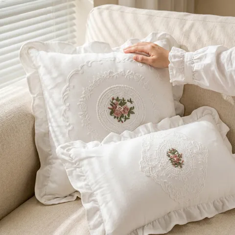 French Vintage Lace Embroidered Throw Pillow Ruffle Washed Cotton Cushion Cover Decorative Bedding Pillowcase For Home