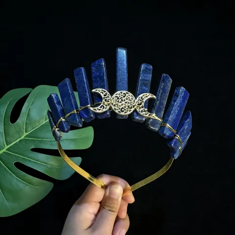 Natural Crystal Crown Headband Triple Moon Gold Goddess Tiara Gothic Bohemian Hair Accessory For Women Photography Party Headpiece