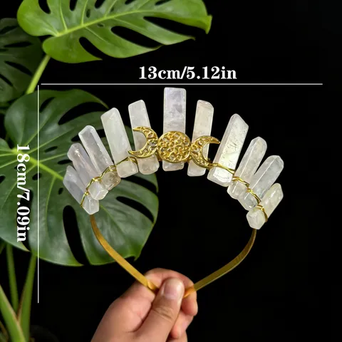 Natural Crystal Crown Headband Triple Moon Gold Goddess Tiara Gothic Bohemian Hair Accessory For Women Photography Party Headpiece