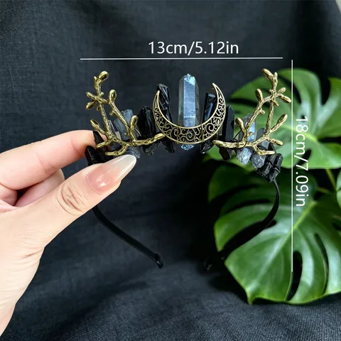 Natural Crystal Headband Gothic Moon Branch Crown Forest Fairy Tiara Retro Headpiece Women Photography Props Party Hair Accessory
