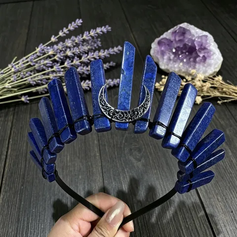 Natural Crystal Crown Headband With Black Wire And Moon Gothic Bohemian Witchy Hair Accessories For Women Party Festival Photography
