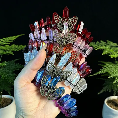 Handmade Natural Stone Butterfly Crown Headband For Women Retro Fairy Crystal Stone Hair Hoop Wedding Party Photo Props Headpiece