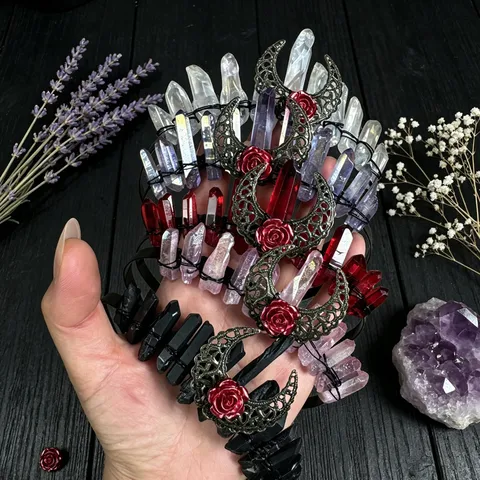 Gothic Dark Natural Crystal Headband Hollow Moon Rose Flower Tiara Crown Headpiece For Women Halloween Cosplay Photo Props Hair Accessories