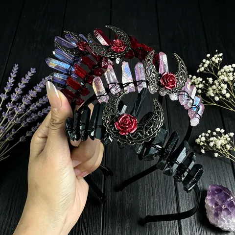 Gothic Dark Natural Crystal Headband Hollow Moon Rose Flower Tiara Crown Headpiece For Women Halloween Cosplay Photo Props Hair Accessories