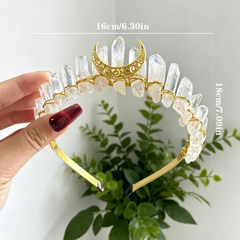 Natural Crystal Crown Headband Gold Moon Decor Crystal Quartz Hair Accessories For Women Festival Photography Party Gift Jewelry