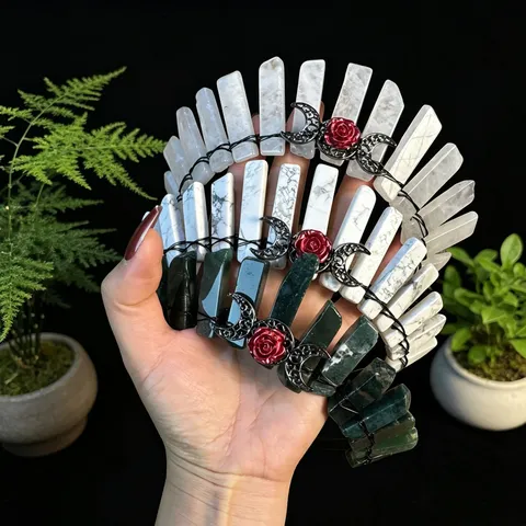 Gothic Dark Natural Crystal Tiara Crown Headband With Metal Triple Moon Phase Red Rose Flower Accent Vintage Retro Photography Festive Party Hair Band For Women Jewelry