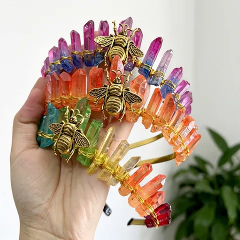Natural Crystal Crown Headband Gold Bee Decor Handmade Wire Wrapped Quartz Tiara For Women Festival Wedding Photography Jewelry
