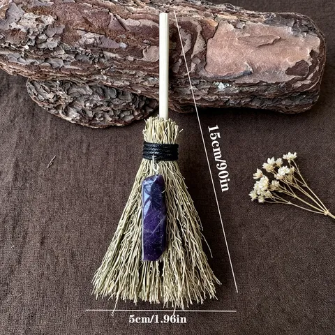 Wicca Hexe Mini Besen Hängeornament Mit Natürlichem Kristallstein Anhänger Handgefertigt Stroh Holzgriff Für Auto Haus Halloween Deko