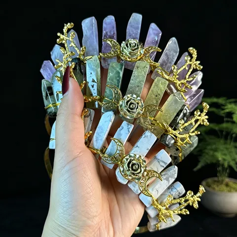 Vintage Natural Crystal Star Moon Flower Branch Headband Gold Alloy Hollow Big Moon Tiaras Handmade Gothic Headwear For Women Party