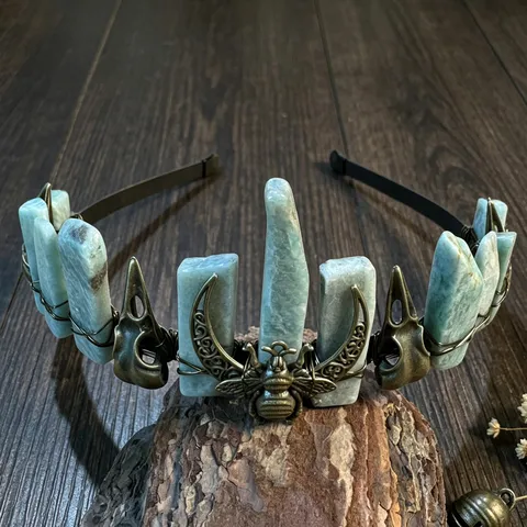 Gothic Vintage Naturkristall Krone Stirnband Mit Krähenschädel Biene Mond Zubehör Handgefertigte Quarz Haarreifen Für Damen Fotografie Requisiten