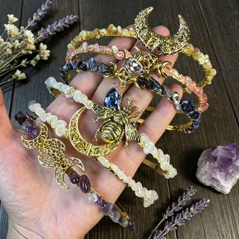 Handmade Natural Crystal Moon Chip Stone Crown Headband Gothic Wiccan Quartz Bridal Headpiece For Women Festival Party Jewelry