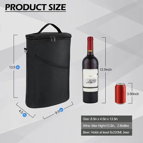 Sac Isotherme Portable pour 2 Bouteilles de Vin Sac de Transport Isolé avec Bandoulière Ajustable et Poignée pour Voyage Pique-nique
