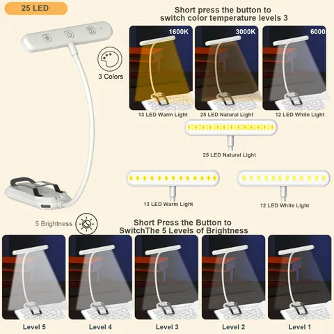 LED Reading Clip Light Rechargeable Book Light Flexible Desk Lamp with 3 Color Temperatures for Study Bedside
