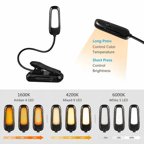Portable LED Reading Clip Light Flexible GooseNeck Rechargeable Eye Protection Book Light for Bed Reading Desk