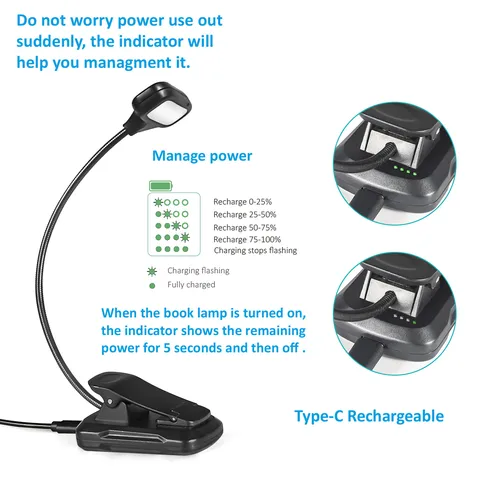 Portable LED Reading Clip Light Rechargeable Eye Care Desk Lamp Flexible Gooseneck Book Light For Study Office