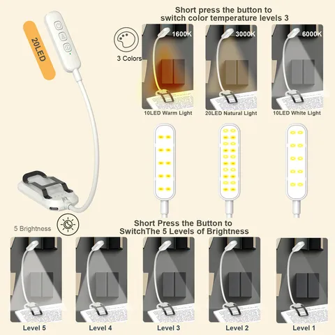 LED Leesclip Licht Oplaadbare Boeklamp Aanpasbare Kleurtemperatuur Flexibele Zwanenhals Bedside Bureaulamp