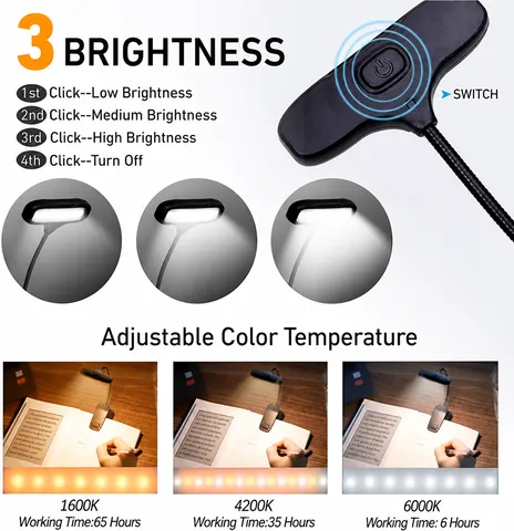 LED Eye Protection Reading Desk Lamp Portable USB Type C Rechargeable Clip On Book Light For Bedroom Student Study Office