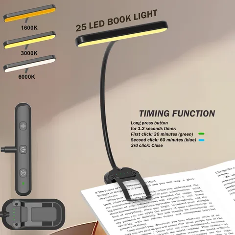 LED Clip-on Reading Light Rechargeable Book Lamp with Adjustable Color Temperatures and Brightness Levels for Study and Music Stand