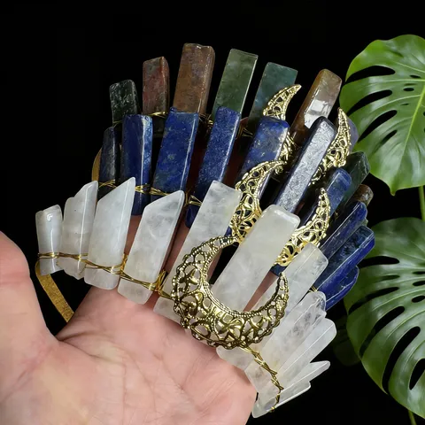 Vintage Natürlicher Kristall Krone Haarband Hohler Mond Handgefertigt Drahtgewickelt Tiara Kopfschmuck Für Damen Fotografie Party