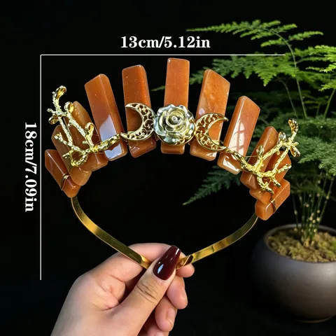 Vintage Natural Crystal Star Moon Flower Branch Headband Gold Alloy Hollow Big Moon Tiaras Handmade Gothic Headwear For Women Party