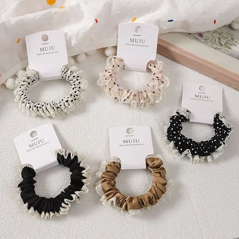 Elegantes Spitzenbesetztes Plissiertes Haargummi Polka Dot Scrunchy Elastischer Pferdeschwanzhalter Modische Haarschmuck Für Damen