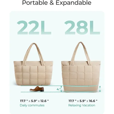 Women's Waterproof Puffer Tote Bag Expandable Quilted Travel Shoulder Bag Large Capacity Handbag