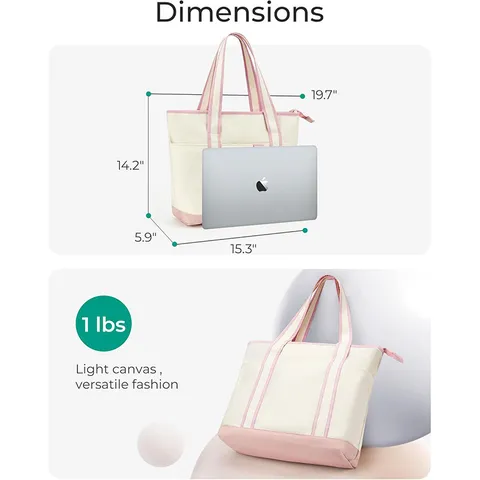 Women Casual Canvas Tote Bag Large Capacity Shoulder Bag Multi-Compartment Work Beach Handbag with Zipper Closure