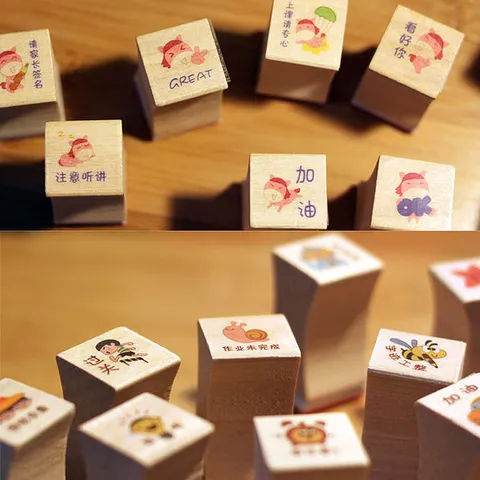 Creative Teacher Wooden Stamp Set Cute Cartoon Children Teaching Evaluation Encouragement Stamp Boxed Stationery