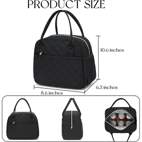 Quilted Insulated Lunch Bag Portable Thermal Cooler Tote Bag Waterproof Reusable Lunch Box For Women Work Picnic