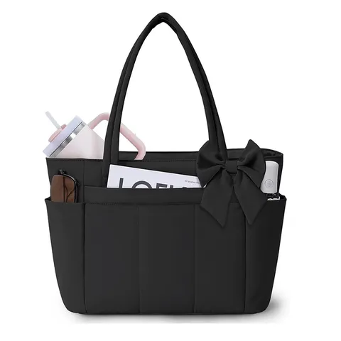 Women Large Capacity Tote Bag Lightweight Quilted Puffer Handbag With Bow And Laptop Compartment Casual Shoulder Bag