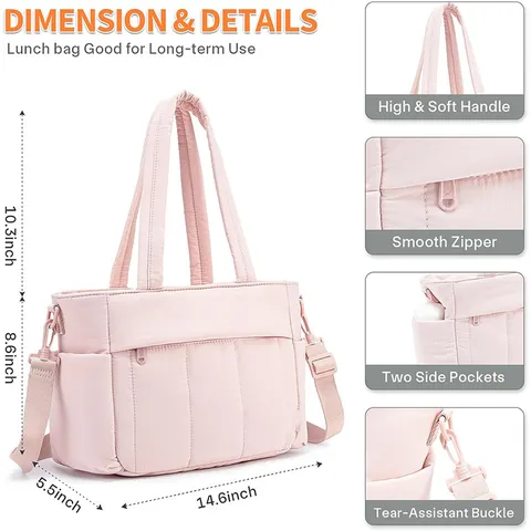 Sac à Déjeuner Isotherme Léger et Matelassé pour Femmes Sac à Main Thermique Imperméable Sac Cabas Portable Avec Bandoulière Réglable