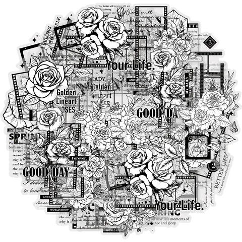 Vintage Line Art Rose English PET Stickers Black And White Film Frame Journal DIY Decorative Material Stationery