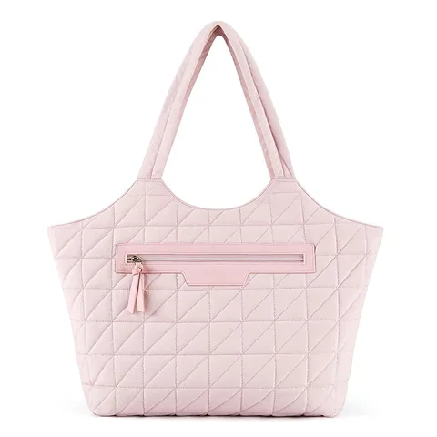 Women's Quilted Tote Bag Lightweight Padded Nylon Shoulder Handbag Large Travel Work Bag with Zipper and Chain Pocket