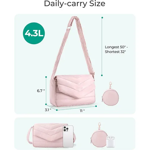 Women's Casual Nylon Crossbody Bag Quilted Tote Shoulder Bag With Removable Coin Purse Adjustable Strap Travel Handbag