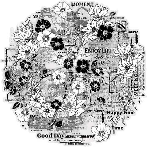 Retro Black And White Sketch Floral Letter PET Stickers Aesthetic Literary Journaling DIY Decorative Stationery Decals