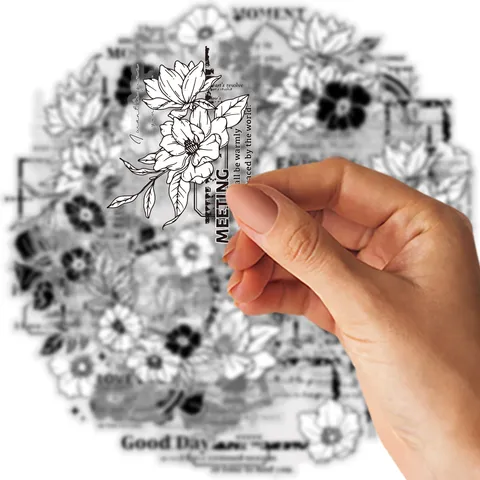 Retro Black And White Sketch Floral Letter PET Stickers Aesthetic Literary Journaling DIY Decorative Stationery Decals
