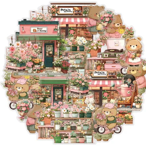 Cute Bear Flower Shop Transparent PET Stickers Floral Decorative DIY Journaling Waterproof Scrapbooking Stationery