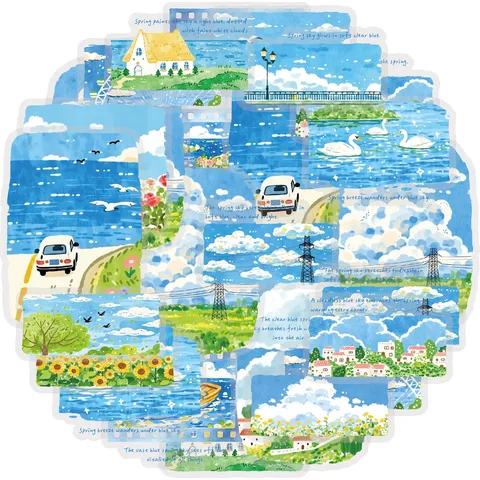 Decorative Planner Stickers Small Town Sky Landscape Oil Painting Healing Diary DIY Art Craft Stationery Supplies