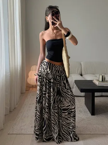 Jupe Maxi Imprimé Animal pour Femmes Taille Haute Large Léopard Zèbre Streetwear Jupe avec Poches Jupe Longue Évasée