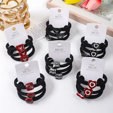 Süße Bär Herz Buchstaben Haargummis Hochelastische Nahtlose Schwarze Rote Haarseile Für Damen Mädchen Mode Haaraccessoires