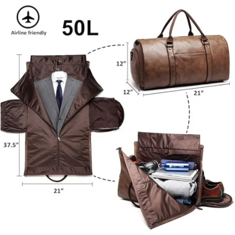 Large Travel Duffel Bag PU Leather Waterproof Overnight Weekender Bag Foldable Suit Garment Bag For Women Men