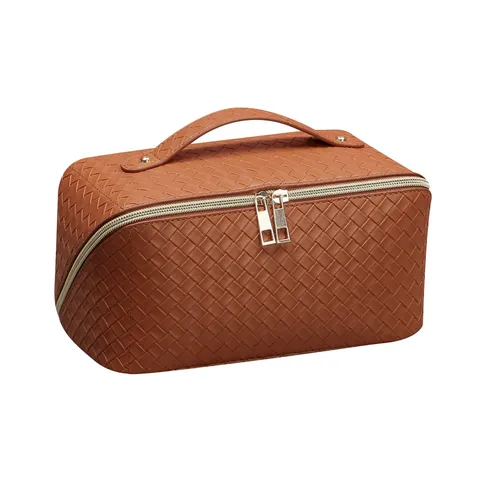 Large Capacity Woven Cosmetic Bag Waterproof PU Leather Travel Toiletry Organizer Portable Handbag Makeup Pouch for Women