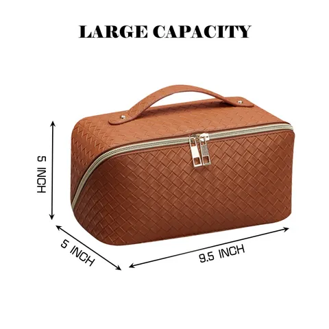 Large Capacity Woven Cosmetic Bag Waterproof PU Leather Travel Toiletry Organizer Portable Handbag Makeup Pouch for Women